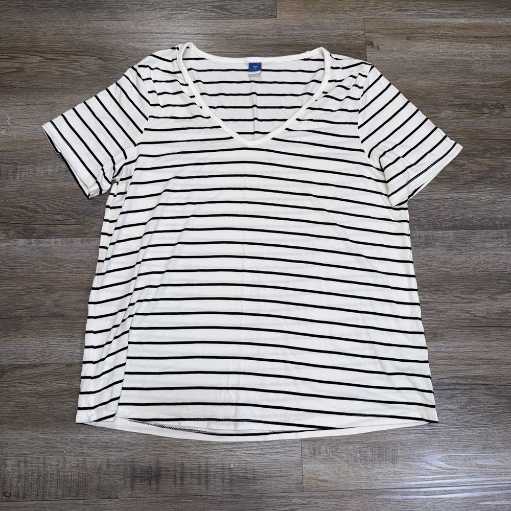 Old Navy Luxe Shirt Womens S Black White Striped V-Neck Short-Sleeve Relaxed Fit